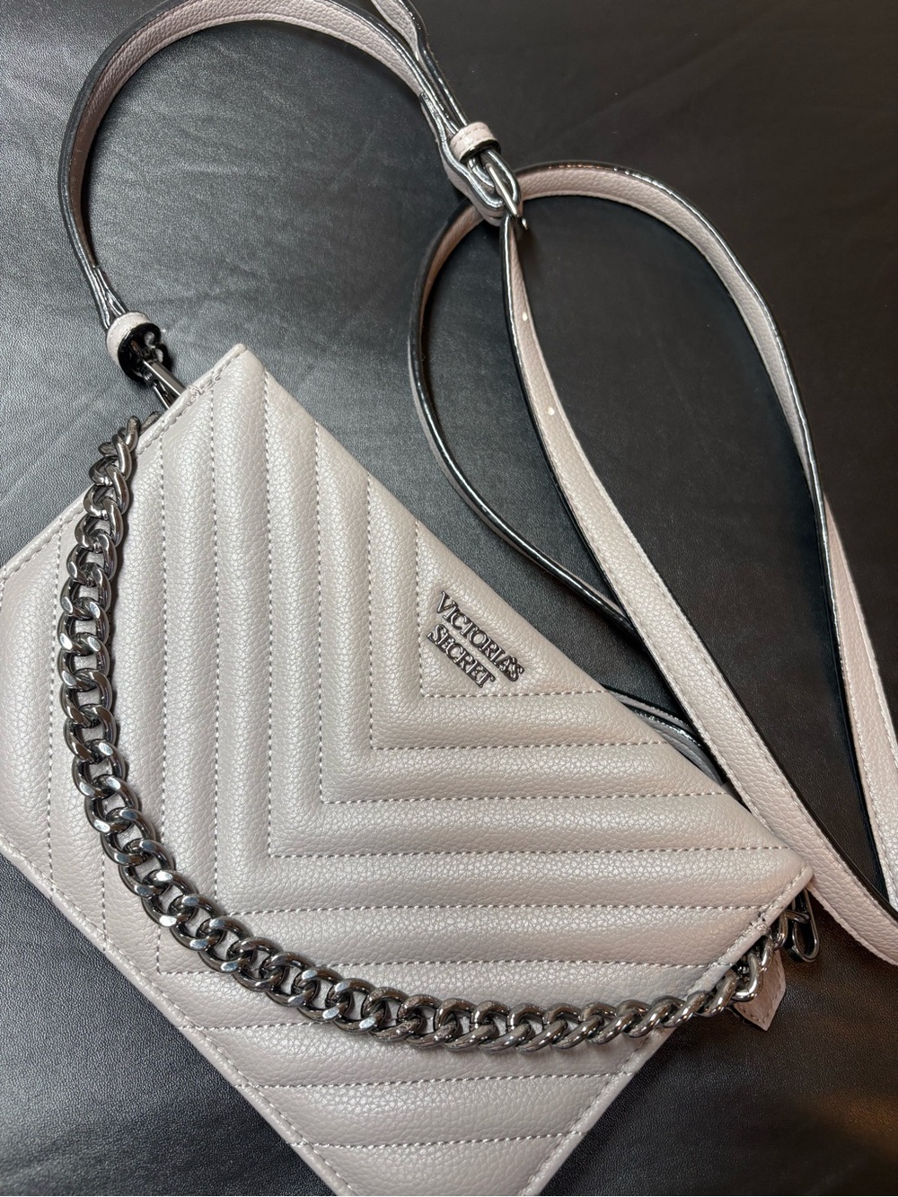 Victoria's Secret Metallic Silver Quilted Crossbody with Chain